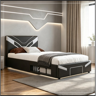 Twin Size Upholstered Geib Frame with LED Lights, Storage Shelf and 2 Steel Drawers