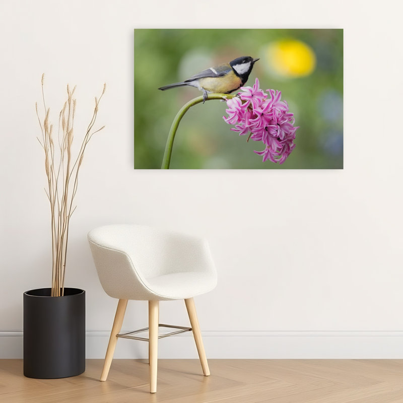 Mésange charbonnière sur jacinthe - Oiseau délicat et vibrant - Illustration murale nature, H 24 po x l 36 po