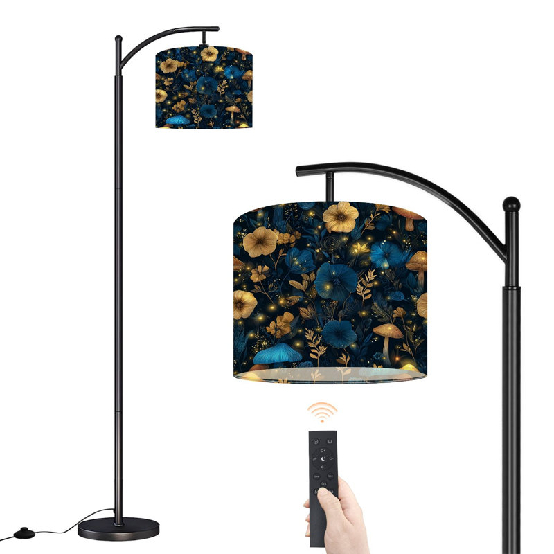 Arc Floor Lamp with Adjustable Lampshade Magical Floral Mushrooms Glowing Accents Blue Gold Standing Lamp 3 Color Temperatures Dimmable Tall Pole Lamp with Foot Switch for Bedroom