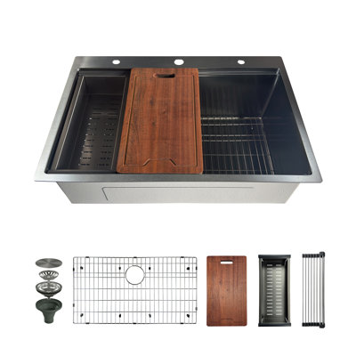 Évier de cuisine à simple cuve à montage sur plan en acier inoxydable de 33 po x l 22 po x H 10 po avec accessoires