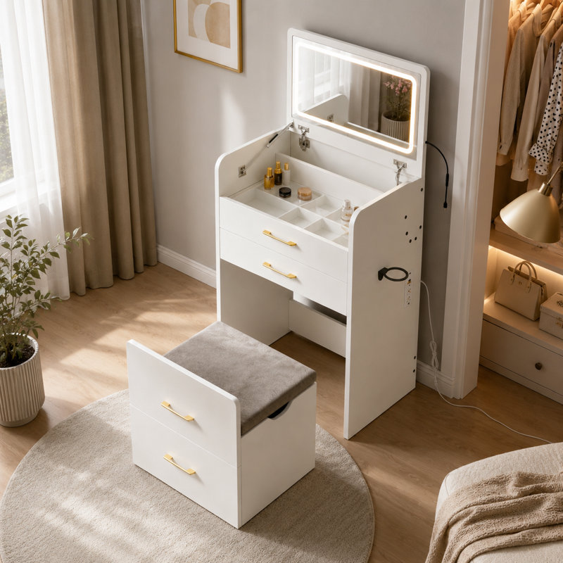 Meuble-lavabo 3 en 1 avec miroir à DEL et prise de courant, table de maquillage à plateau rabattable avec plateau en verre et tabouret rembourré