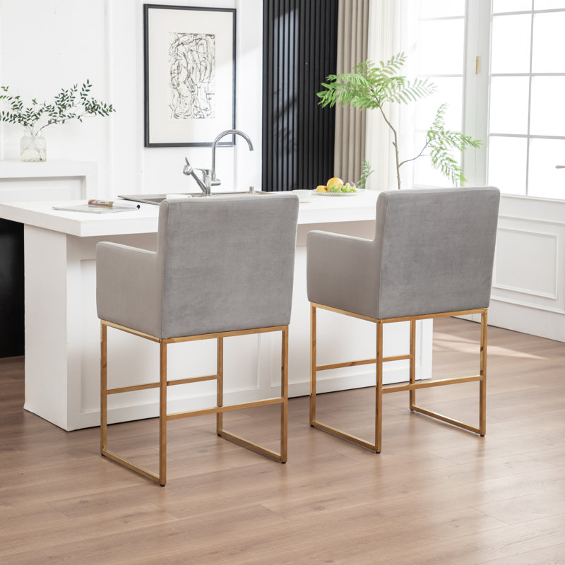 Upholstered Counter Stool With Metal Frame, Gray