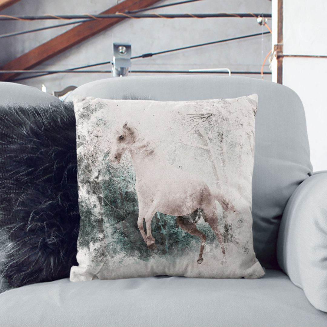 Horse Rearing in a Winter Forest Watercolour Cushion with Filling