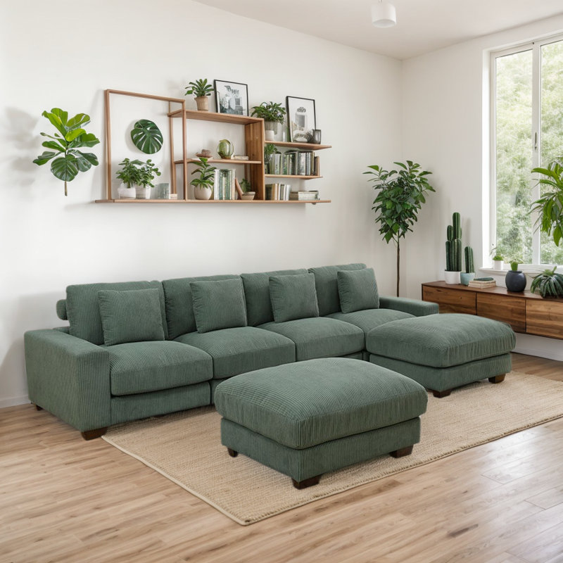 Canapé modulaire avec 2 repose-pieds 123 po Frazey, Velours côtelé vert