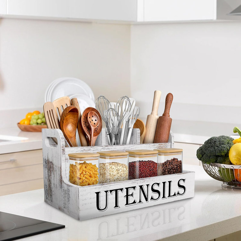 Très grand porte-ustensiles de cuisine avec 4 compartiments, organisateur d'ustensiles en bois blanc pour comptoir de cuisine, rangement pour ustensiles de ferme, ustensiles de cuisine rustiques - grain blanc