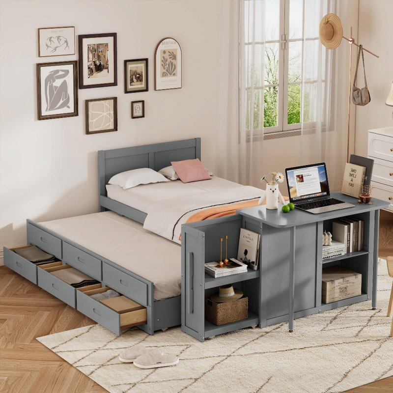 Lit plateforme simple en bois avec bureau intégré, tablette de rangement et amp; Lit gigogne, sans sommier, gris, Grey