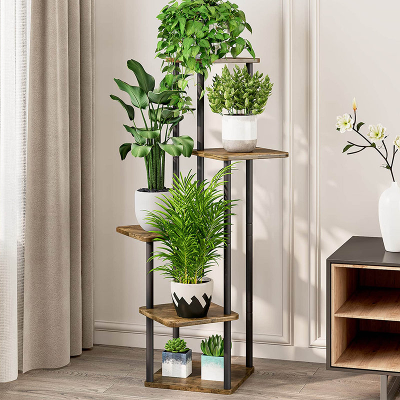 Support pour plante à 5 niveaux, tablette d'intérieur en métal et en bois pour plantes multiples, grand présentoir à fleurs pour le salon, balcon, patio