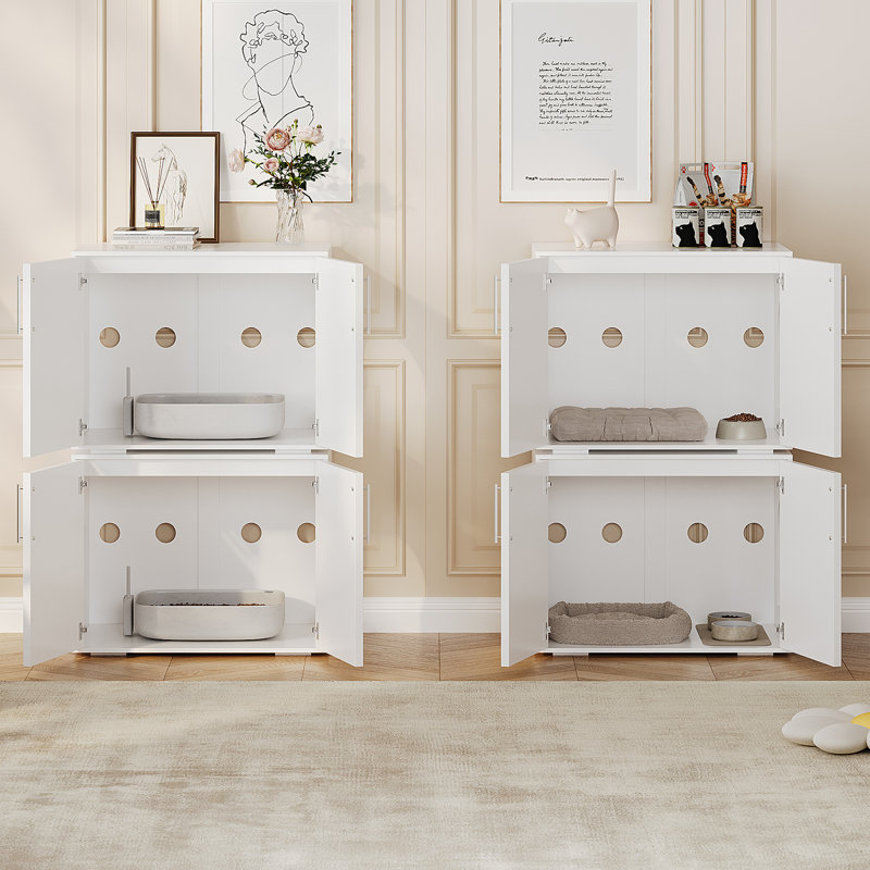 Cat Litter Box Enclosure, Hidden Litter Box Furniture with 2 Doors and Sliders, Blanc
