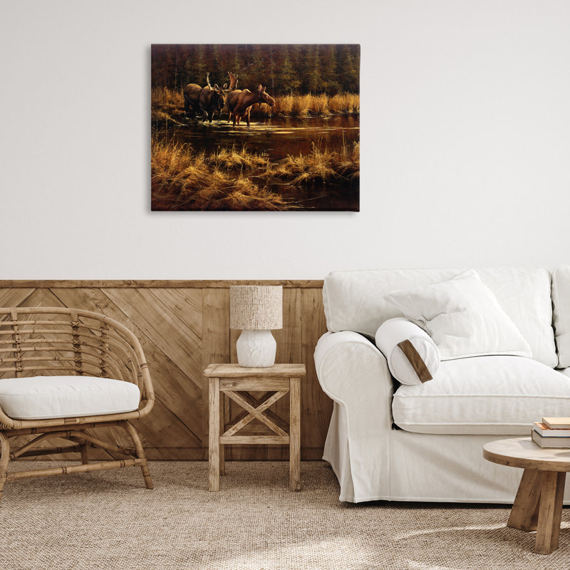 Paire d'orignaux sur toile, conception par Paco Young, H 30 po x l 40 po