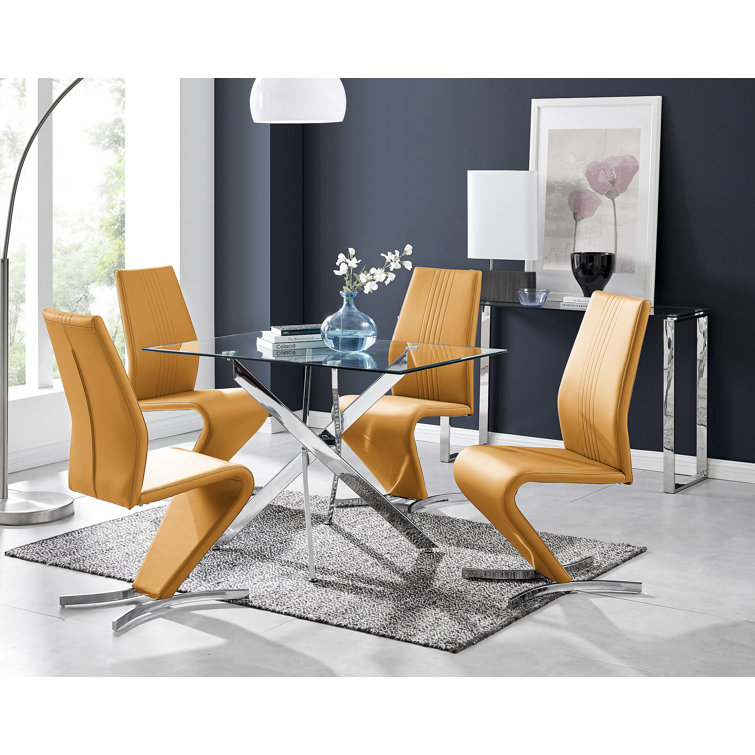 Lenworth Chrome and Glass Rectangular Dining Table Set with 4 Modern Design Faux Leather Chairs