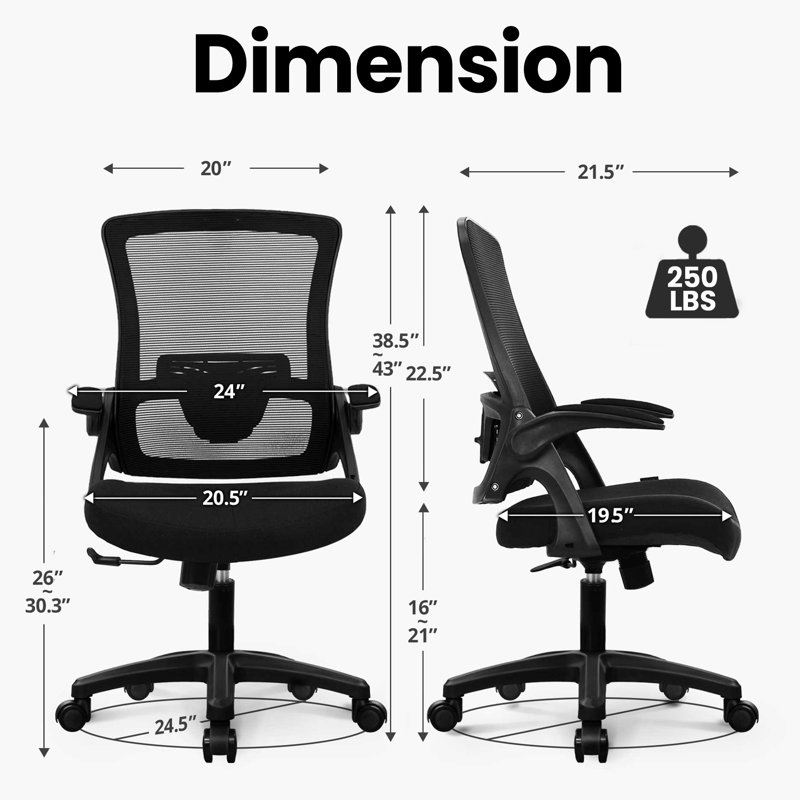 Neeya Ergonomic Home Office Mesh Chair Computer Chair with Flip-Up Arms, Plastic Base, Without Headrest, Black