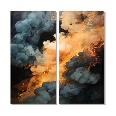 Gris et orange polaire, éclat de fumée II - art mural abstrait 2 pièces
