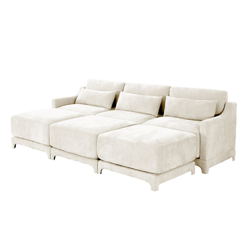 Three - Seater Sofa, 3 Movable Ottomans, Equipped With Lumbar Pillow,Chenille Fabric, High Quality Wooden Base, Ergonomic Design, High - Resilience Sponge, Easy To Install, Suits Studies,  Beige