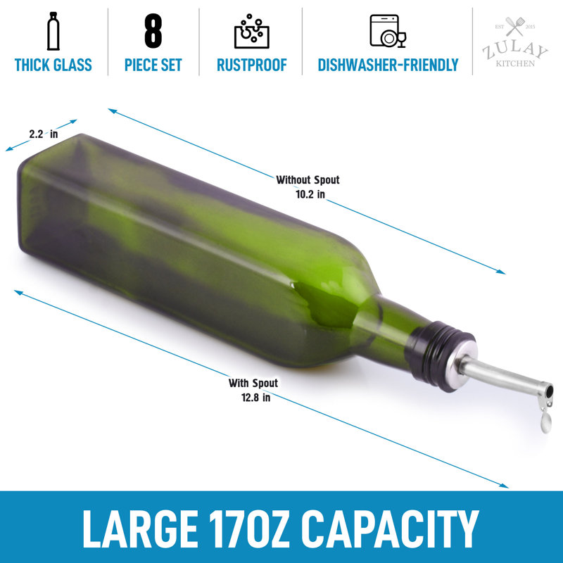 Zulay Kitchen Olive Oil Bottle Dispenser with Pour Spout Funnel and Cork 8 pc Set 17 oz, Green