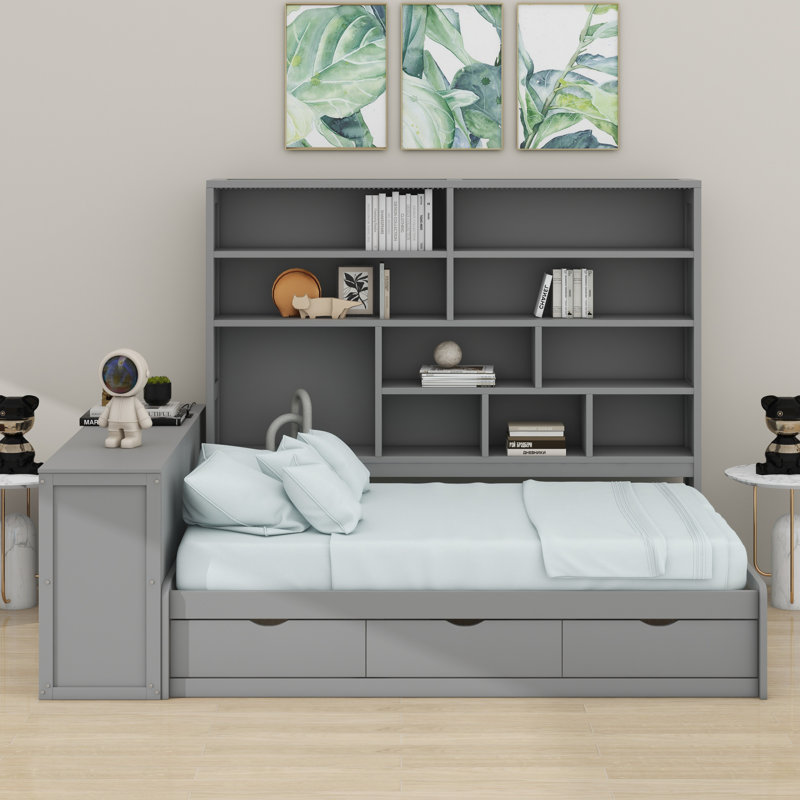 Lit de jour avec tiroirs, bureau, tablettes et lumières, Gris
