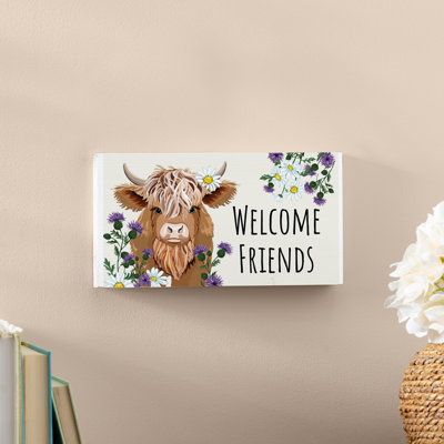 Décoration de jardin pétale et charrue, enseigne suspendue, vache Highland Welcome Friends, L 11 po x H 6 po