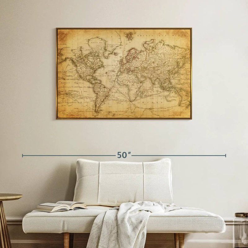 Carte du monde de l'Ancien siècle, 40 po x 27 po, Cadre flottant doré