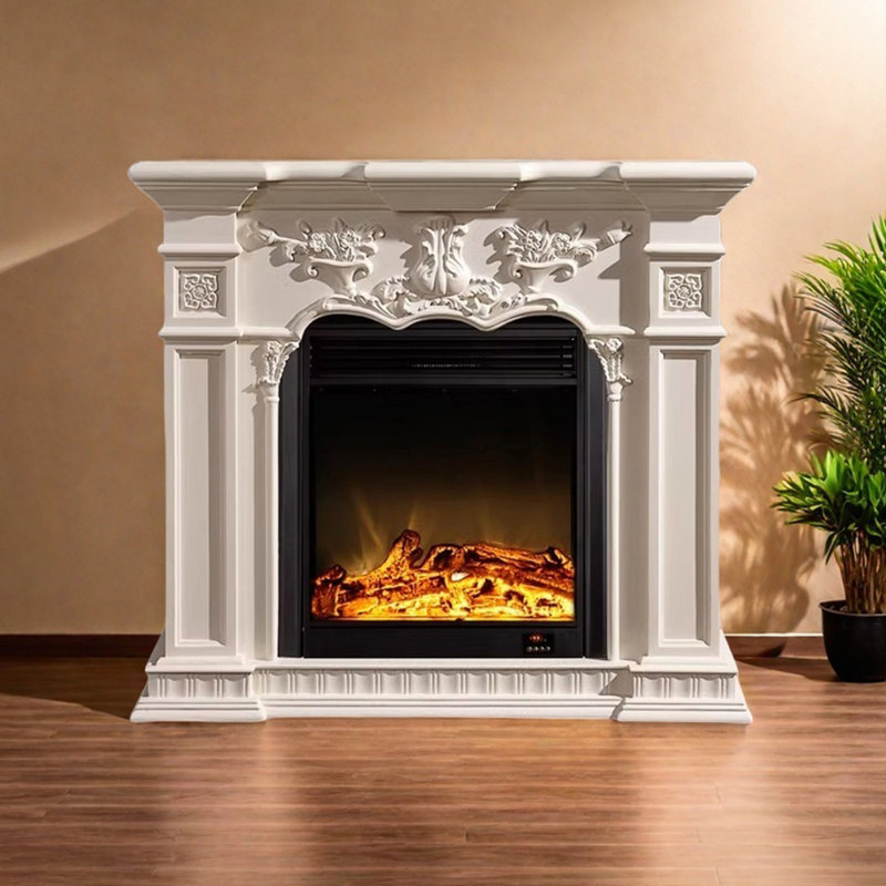 Foyer à flamme magnifiquement sculpté, Blanc, H 47,24 po x l 59,05 po x P 12,59 po