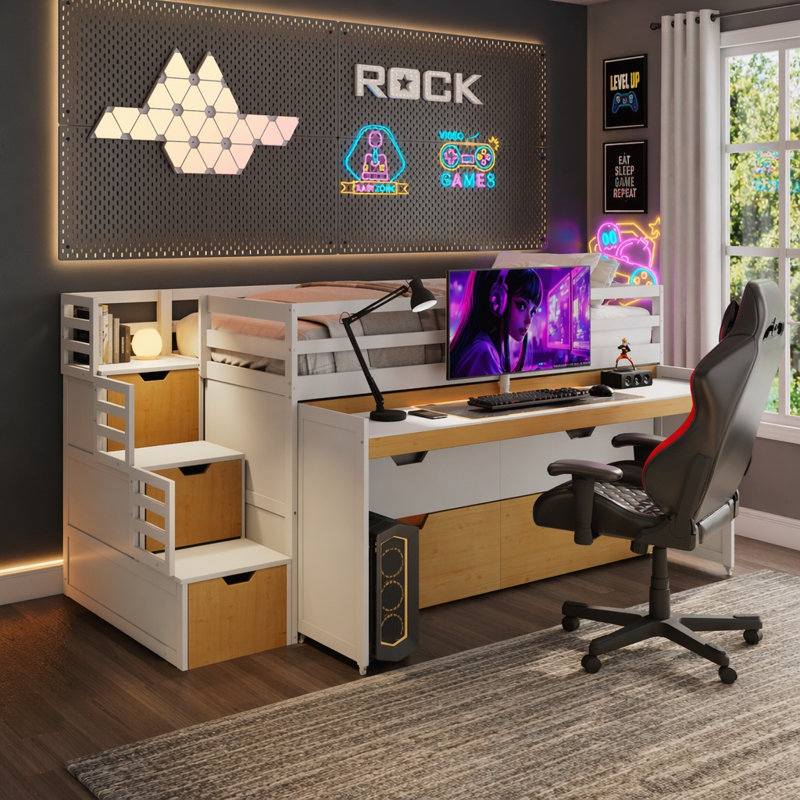 Lit mezzanine avec bureau coulissant, lit gigogne et marches de rangement, Extra-long Twin, White