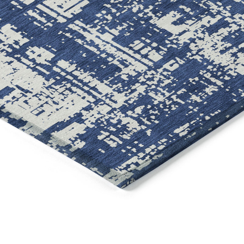 Tapis extérieur lavable abstrait bleu marine et ivoire 3 pi x 5 pi