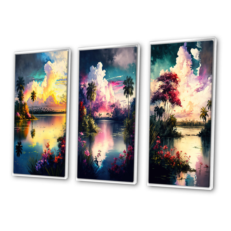 «Beautiful Sunset Over A Tropical Lake», 3 pièces sur toile, H 28 po x l 36 po, Cadre flottant blanc
