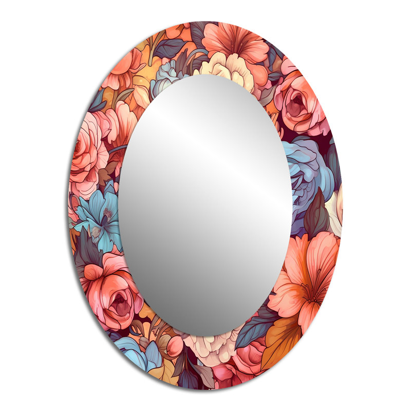 Décoration florale rétro rose et blanche - Miroir mural ovale rose, 40 po x 30 po
