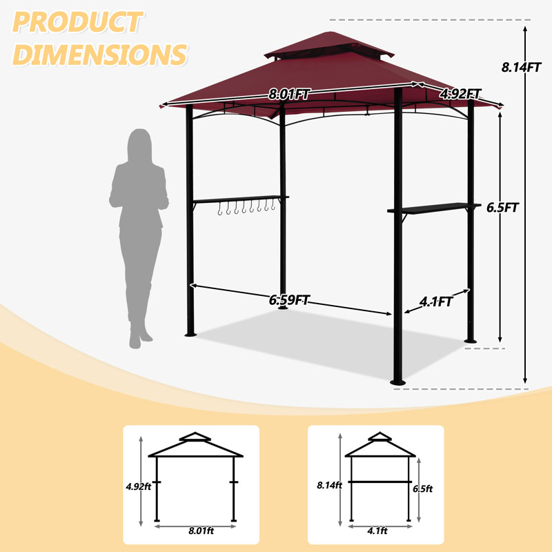 8 FT. W X 5 FT. D Steel Frame Grill Gazebo with Waterproof & Anti-UV Canopy, Burgundy