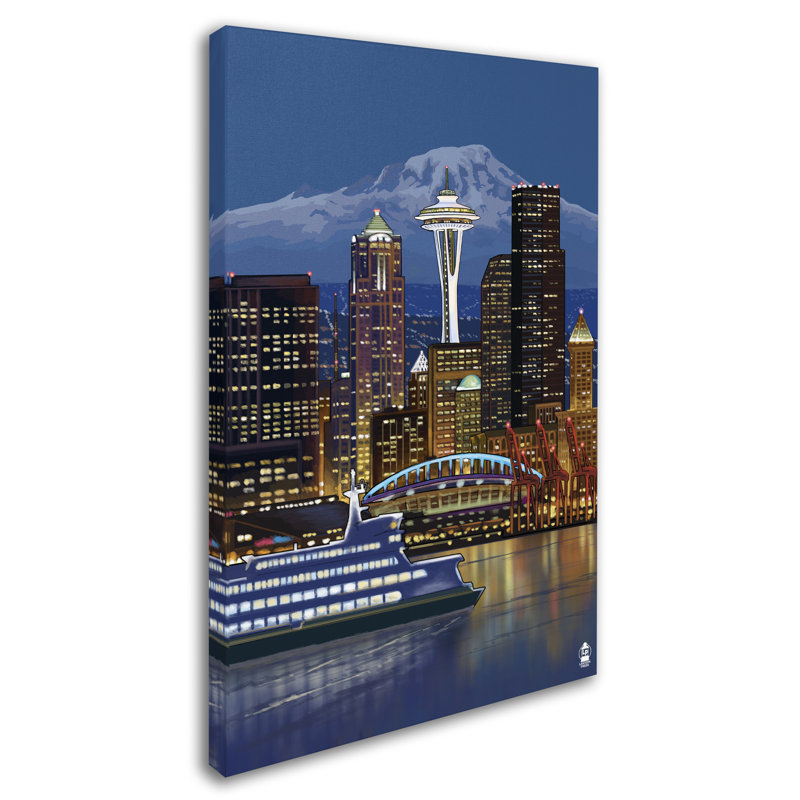 Seattle Cityscape Night Scene Framed Canvas Art