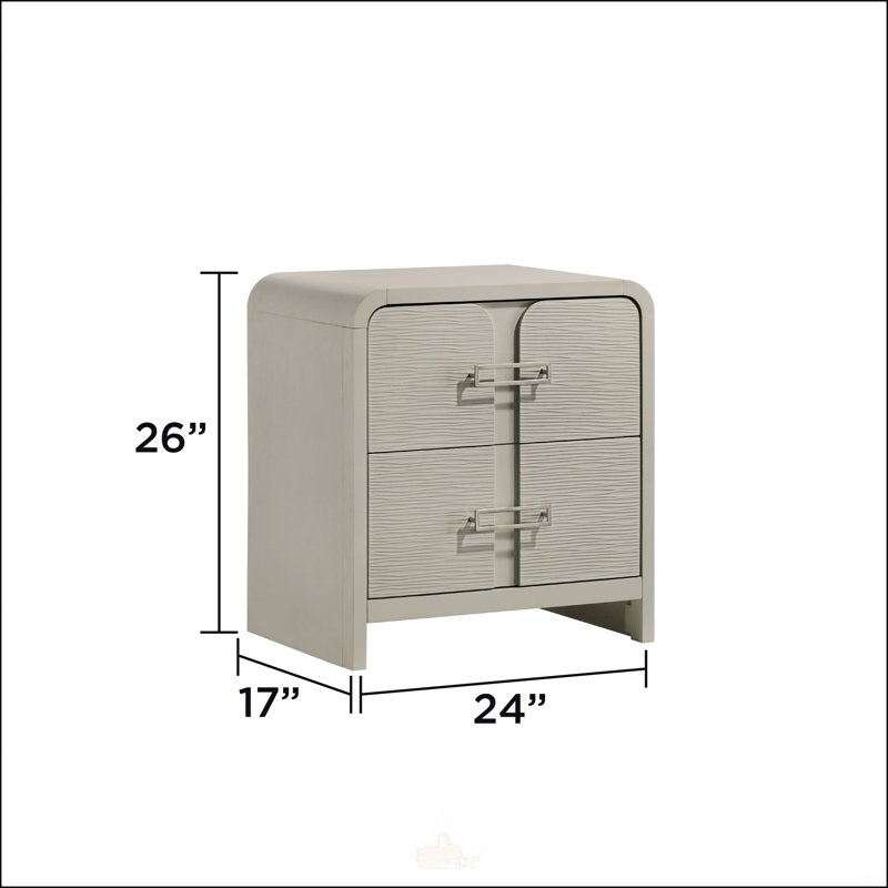 Table de chevet 2 tiroirs Aria Modern avec façade texturée, poignées en métal et système de roulement à billes lisse beige