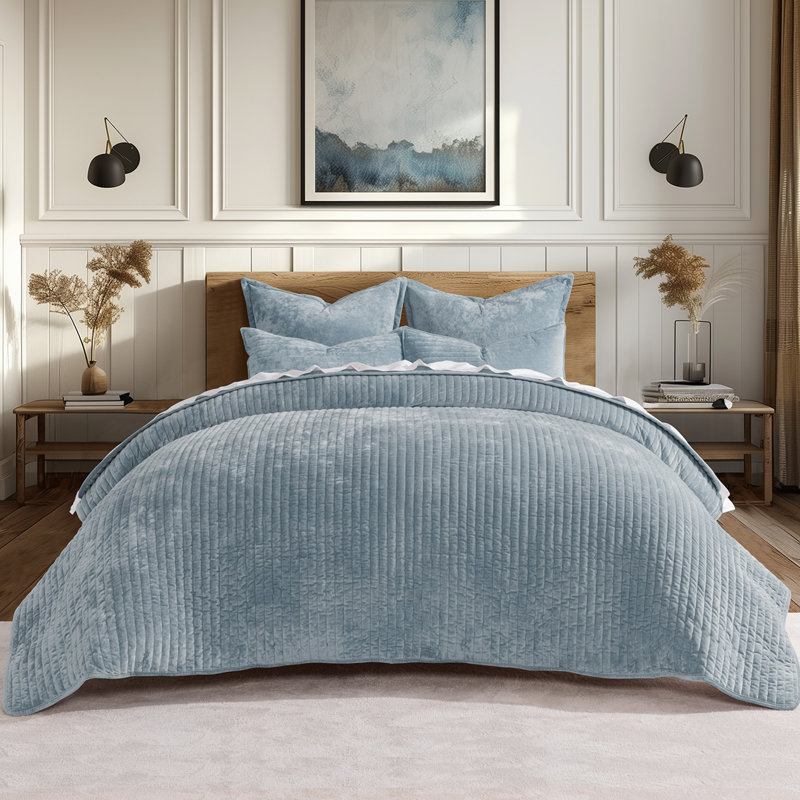 Luxe Velvet Channel Quilt Set, King, Blue Linen
