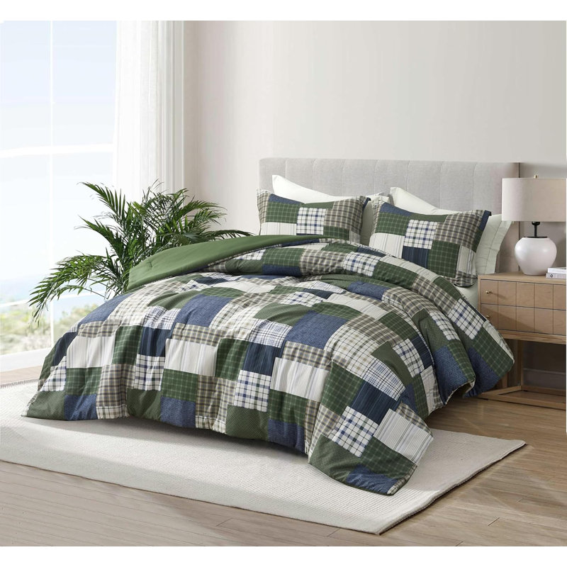 Cedar Printed Plaid Patchwork Microfiber Comforter Set, Green/Blue/White/Tan Patchwork, Full Comforter + 2 Standard Shams