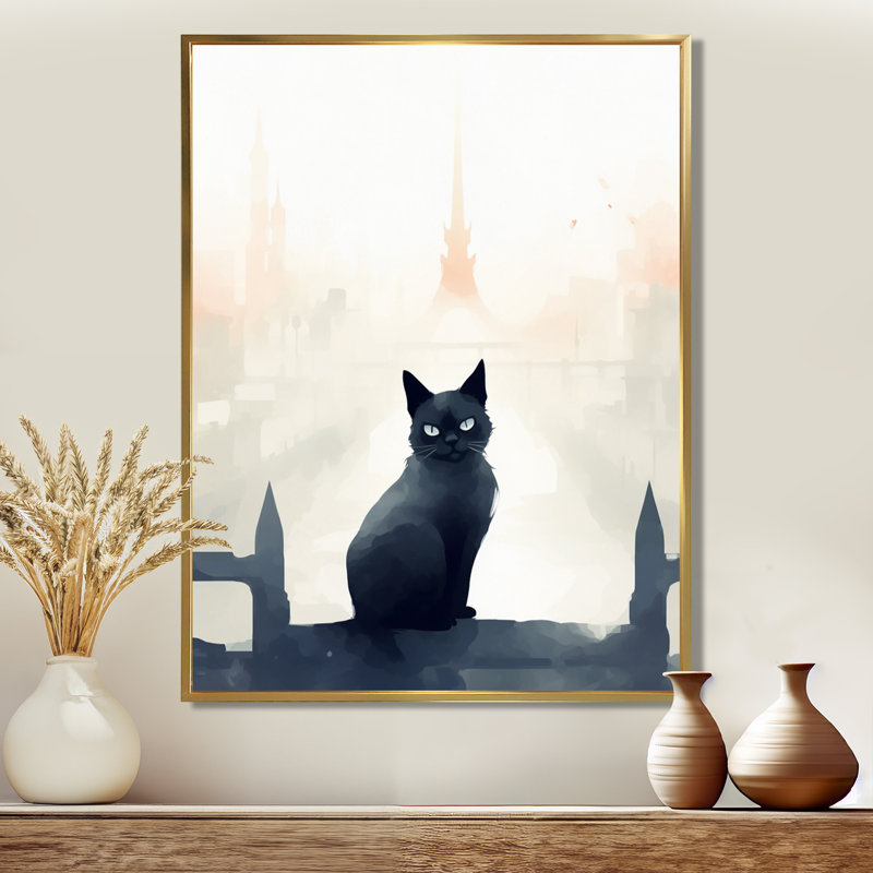 Chat urbain noir - salon d'art mural, Toile avec cadre doré, H 32 po x l 24 po x P 1 po