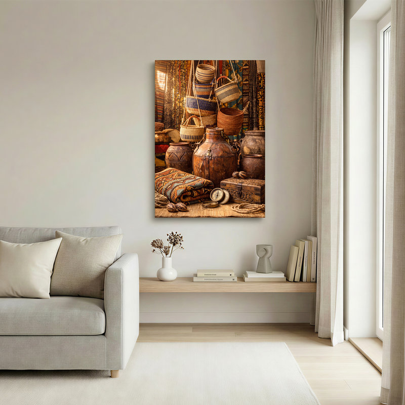 Art mural sur toile, paniers suspendus et poterie en bois dans des tons terreux rustiques, H 30 po x l 20 po