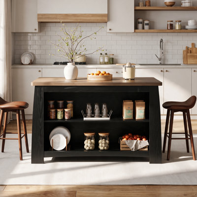 55-Inch Kitchen Island with Open Storage Shelves, Black and Brown Counter Height Bar Table with Seating for Kitchen, Dining Room