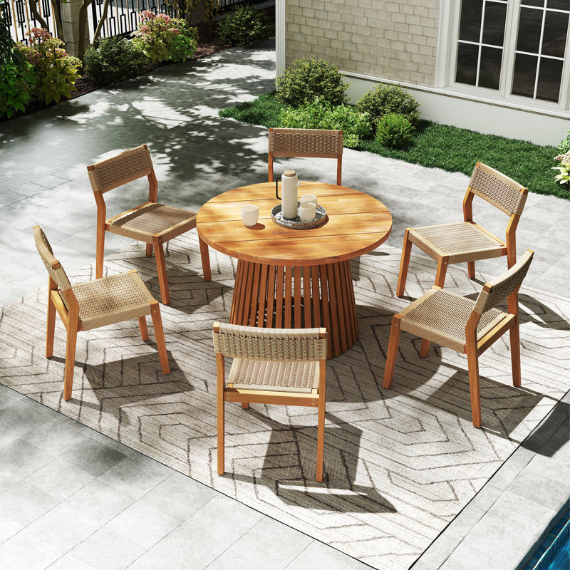 Outdoor 6-person Solid Wood Round Table And Dinning Chair Set