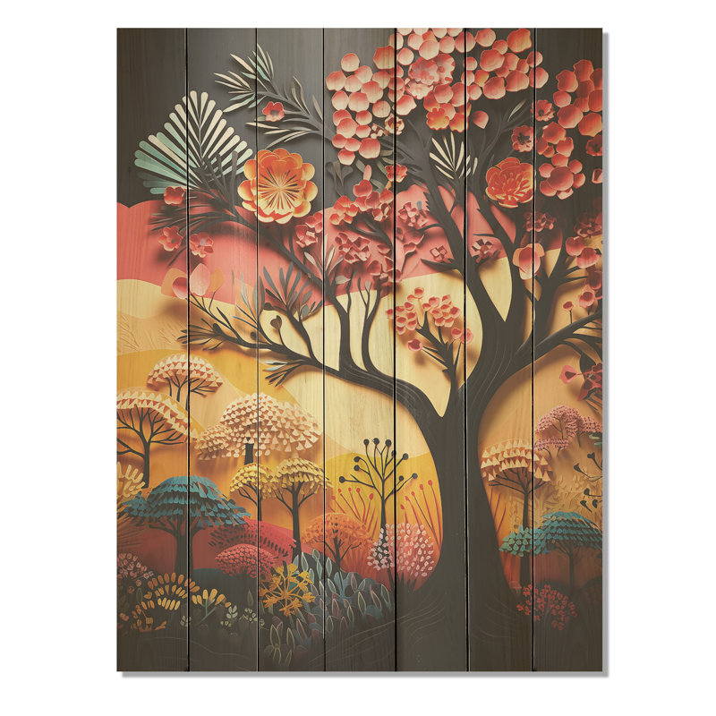 Collage coloré d'un paysage africain - Arbre africain sur bois, H 32 po x l 24 po