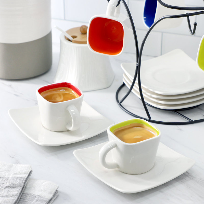 Ensemble de tasses à espresso carrées en grès avec support en métal, tasses à espresso colorées 3,25 oz et soucoupes, va au lave-vaisselle et au micro-ondes