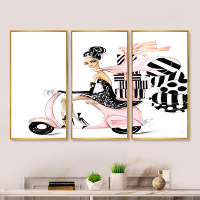 " Girl with Balloons and Gift Boxes " 3 Piece Art Watercolor Painting