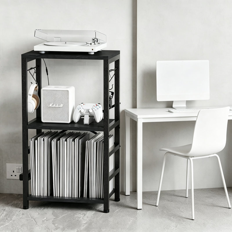 Table de bout avec lumière DEL, support pour tourne-disque et rangement pour albums