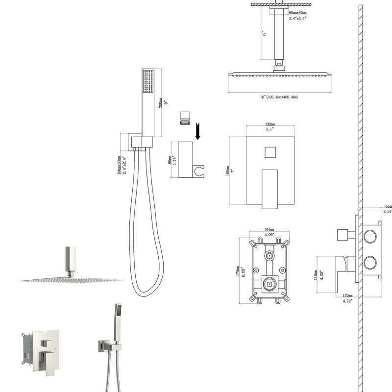 Dual Shower Head , 16 Inch Ceiling Mount, Brushed Nickel Mounted Head, Design