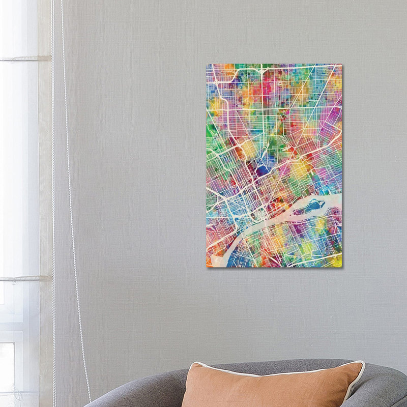 Detroit Michigan City Map I by Michael Tompsett - 1 Piece Wrapped Canvas Wall Art, 66.04 cm H x 45.72 cm W x 1.91 cm D