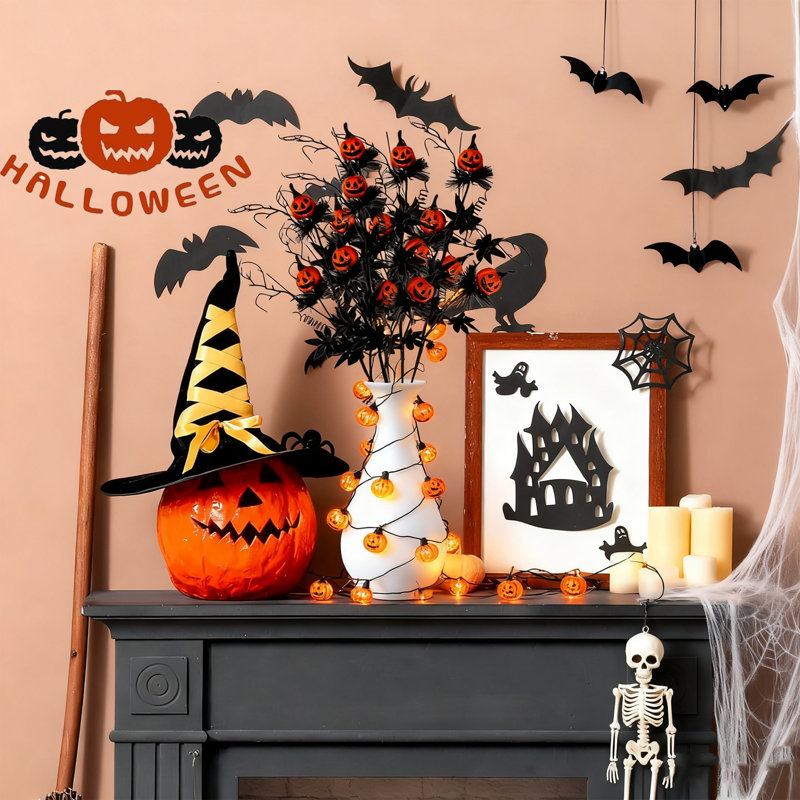 3 tiges d'Halloween artificielles avec citrouilles, feuilles d'érable noires, faux choix de branches de saule frisé, brindilles décoratives pour Halloween, bricolage, fête de l'artisanat, décoration de la maison (noir)