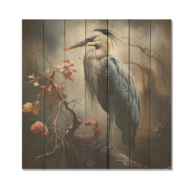 Héron gris et bleu à l'étang II - héron sur bois, H 15 po x l 15 po