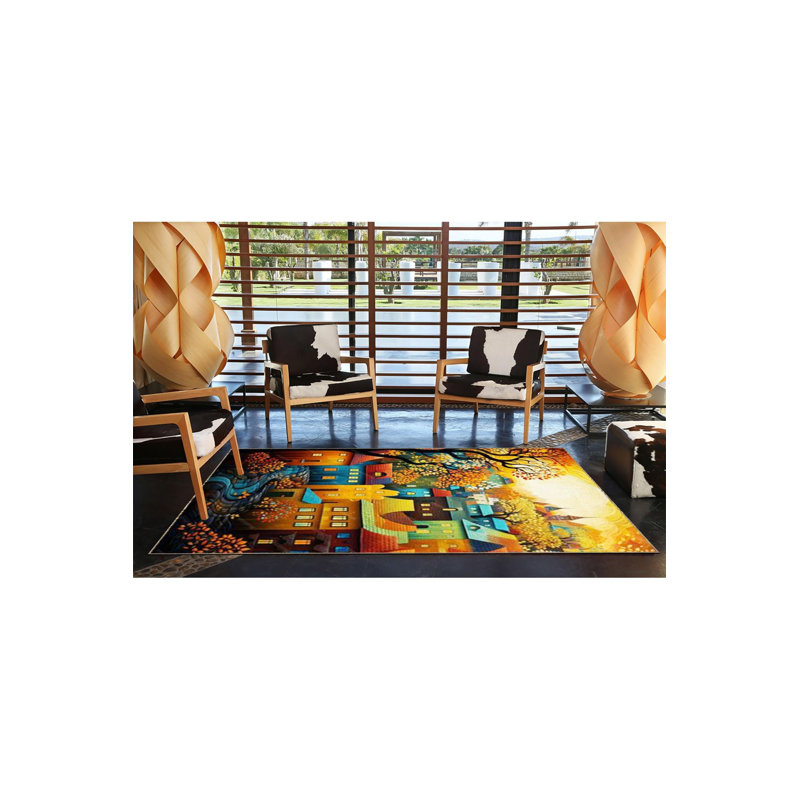 Tapis multicolore à motif de route et de maisons moderne lavable à la machine, Tapis de couloir 3 pi 3 po x 9 pi 10 po