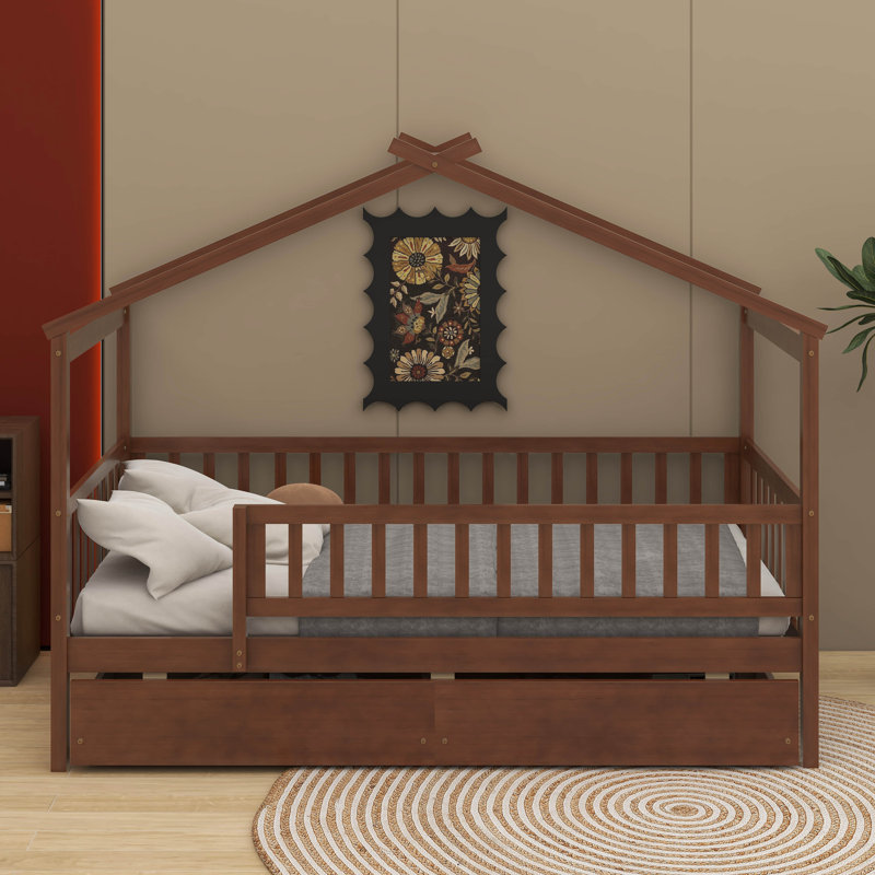 Lit en bois avec deux tiroirs, Noyer, Simple
