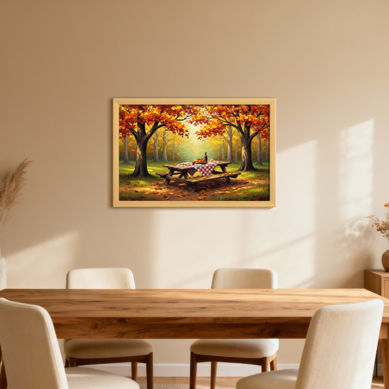 Plantes et fleurs, arbres d'automne, table de pique-nique, feuilles, soleil, scène naturelle, H 12 po x l 18 po, Toile tendue
