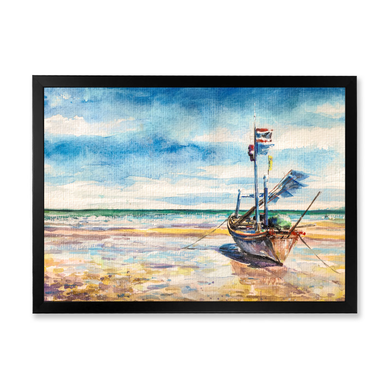 Bateau de pêche dans l'océan tropical - reproduction d'art sur toile, H 24 po x l 36 po x P 1 po, Cadre photo noir