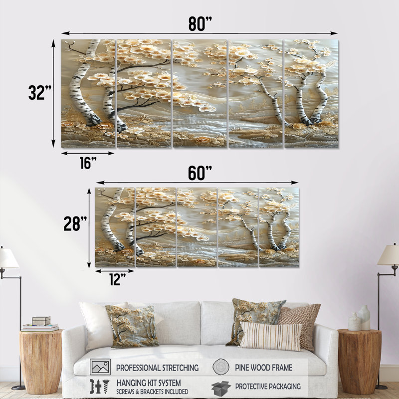 «Blossoming Birch Trees Quiet Silver River - Tree Birch», art mural sur toile 5 pièces, H 28 po x l 60 po