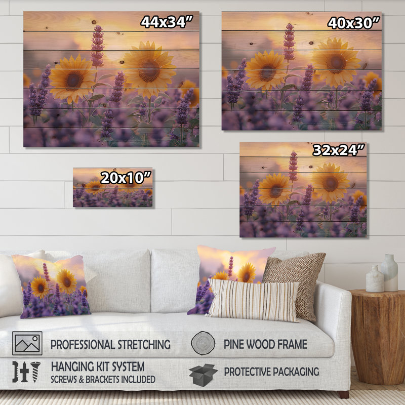 Tournesols dans un champ de lavande - Art mural en bois tournesols - sur bois de pin naturel, H 10 po x l 20 po x P 0,78 po