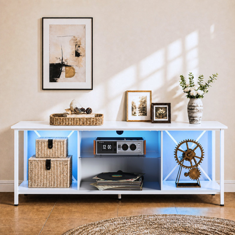 Meuble télé 55 po pour téléviseur 65 po avec DEL, console de télévision industrielle avec tablette de rangement ouverte, centre de divertissement avec structure en métal robuste